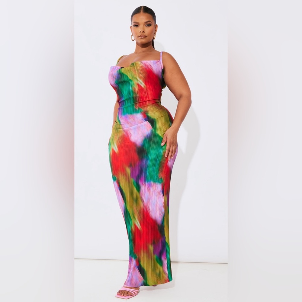 Plus Multi Printed Plisse Cowl Neck Maxi Dress